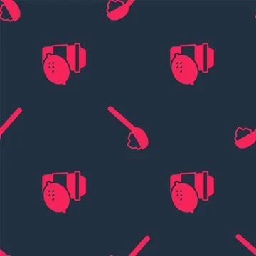 Set Cup of tea with lemon and Spoon sugar on seamless pattern. Vector Stock Illustration