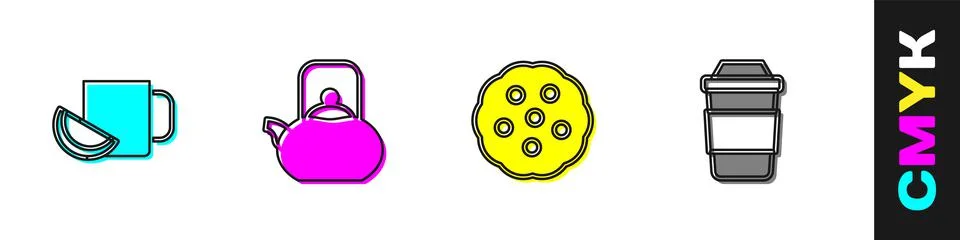 Set Cup of tea with lemon, Kettle handle, Cookie or biscuit and icon. Vector Illustration
