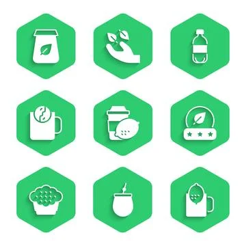 Set Cup of tea with lemon, Mate, Tea leaf, Muffin, time, Bottle water and p.. Stock-Illustration