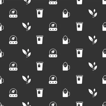 Set Cup of tea with lemon, Tea leaf, and bag on seamless pattern. Vector Illustrazione stock
