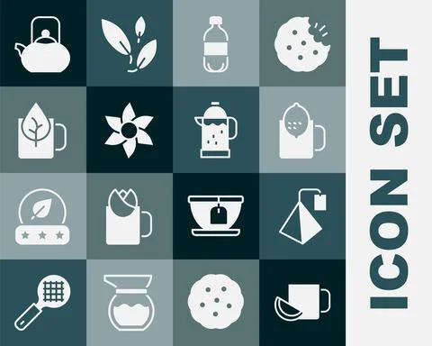 Set Cup of tea with lemon, Tea bag, Bottle water, Flower, leaf, Kettle handle Illustration