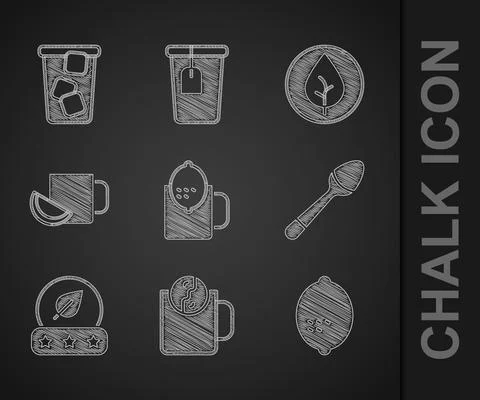 Set Cup of tea with lemon, Tea time, Lemon, Teaspoon, leaf, and Ice icon. Vector Stock Illustration
