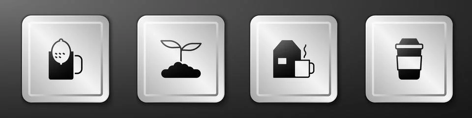Set Cup of tea with lemon, Tea leaf, milk and icon. Silver square button. Vector Stock Illustration