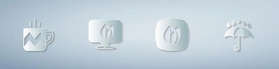 Set Cup of tea, Location with leaf, Leaf and Umbrella and rain drops. Paper art Stock Illustration