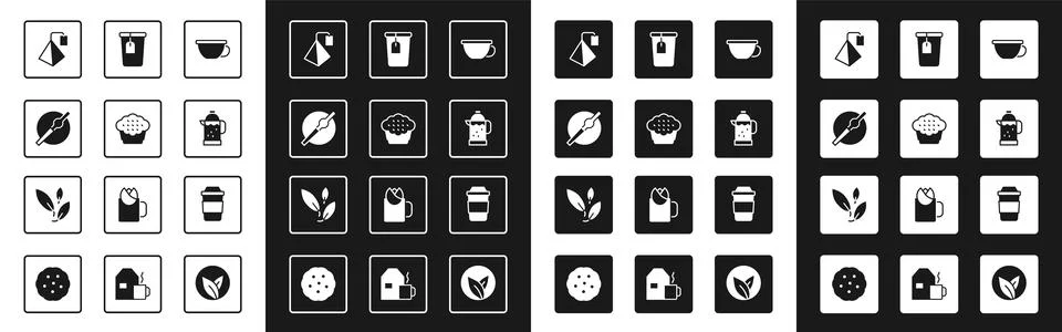 Set Cup of tea, Muffin, Cigarette, Tea bag, French press, with,  and leaf i.. Stock Illustration