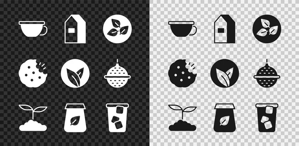 Set Cup of tea, Paper package for milk, Tea leaf, packaging, Ice, Cookie bi.. Illustrazione stock