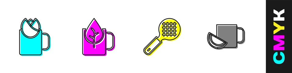 Set Cup of tea with rose, leaf, Tea strainer handle and lemon icon. Vector Stock Illustration