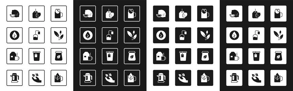 Set Cup of tea with rose, Tea bag, leaf, Lemon, lemon, packaging and milk icon Illustration