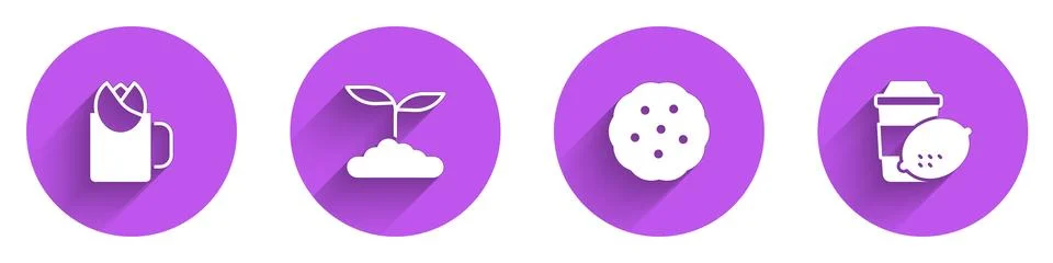 Set Cup of tea with rose, Tea leaf, Cookie or biscuit and lemon icon with l.. Stock Illustration