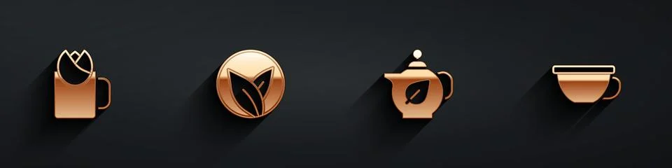Set Cup of tea with rose, Tea leaf, Teapot and  icon with long shadow. Vector 스톡 일러스트