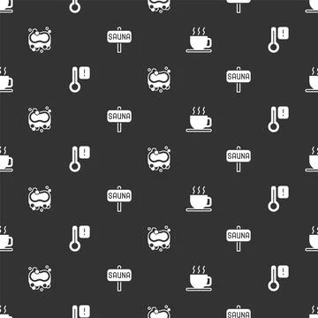 Set Cup of tea, Sauna thermometer, Bar soap and on seamless pattern. Vector Stock Illustration