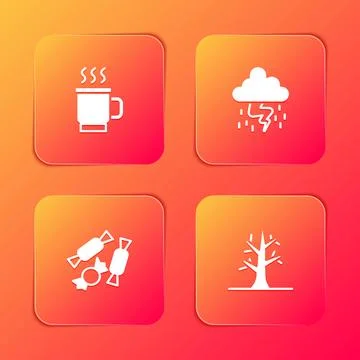 Set Cup of tea, Storm, Candy and Bare tree icon. Vector Stock Illustration