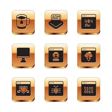 Set Cup of tea with tea bag, Browser shield, System bug, Create account screen Illustrazione stock