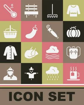 Set Cup of tea with tea bag, School backpack, Pumpkin, Garden rake, Eggplant Stockillustratie