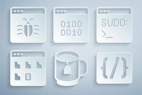 Set Cup of tea with tea bag, Code terminal, Browser files, Programming language Stock Illustration