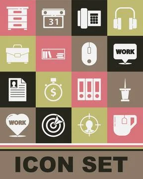 Set Cup of tea with tea bag, Push pin, Location text work, Telephone, Shelf Stock Illustration