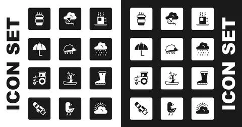 Set Cup of tea with tea bag, Hedgehog, Umbrella, Coffee cup to go, Cloud rain Stock Illustration