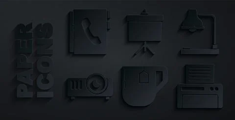 Set Cup of tea with tea bag, Table lamp, Movie, film, media projector, Printer Stock Illustration