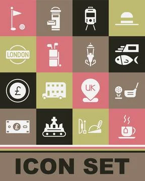 Set Cup of tea with tea bag, Golf club ball on tee, Fish and chips, Tram railway Stock-Illustration