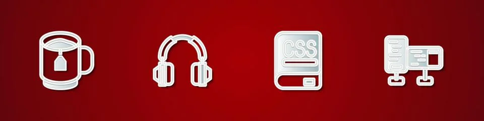 Set Cup of tea with tea bag, Headphones, Books about programming and Computer Stock Illustration