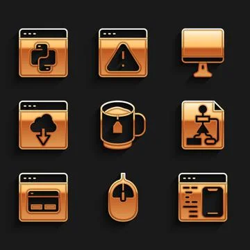 Set Cup of tea with tea bag, Computer mouse, Software, Flowchart, Search engine Stock Illustration