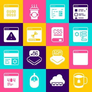 Set Cup of tea with tea bag, Browser window, setting, Software, Loading data 스톡 일러스트