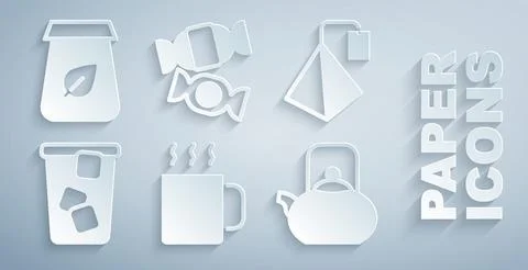 Set Cup of tea, Tea bag, Ice, Kettle with handle, Candy and packaging icon Illustration