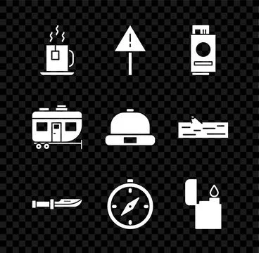 Set Cup of tea with tea bag, Exclamation mark in triangle, Passport ticket Stock Illustration