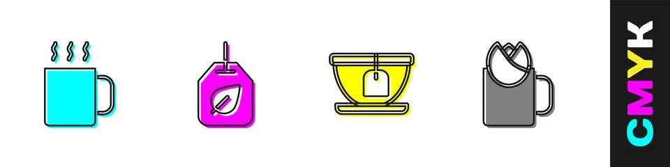 Set Cup of tea, Tea bag with leaf, and rose icon. Vector Stock Illustration