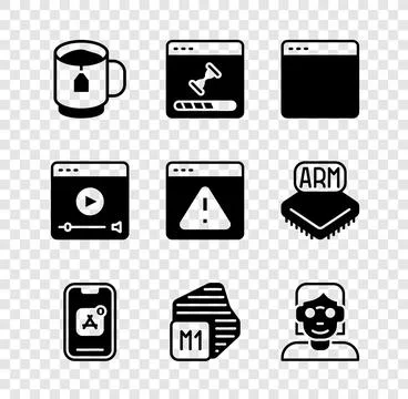 Set Cup of tea with tea bag, Loading data window, Browser, Mobile Apps, Pro.. Illustrazione stock