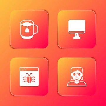 Set Cup of tea with tea bag, Computer monitor screen, System bug and Hacker.. 스톡 일러스트
