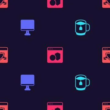 Set Cup of tea with tea bag, Computer monitor screen, Software and Browser .. Stock Illustration