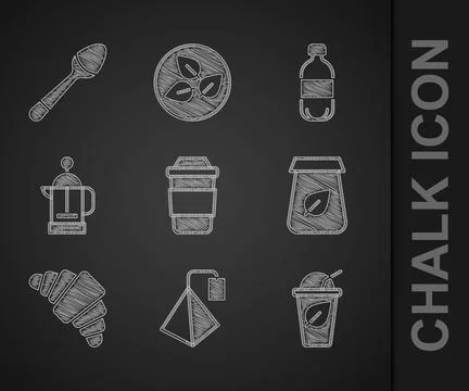Set Cup of tea, Tea bag, with leaf, packaging, Croissant, French press, Bot.. Stock Illustration