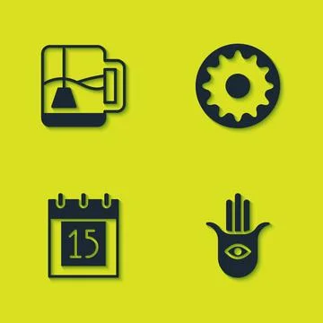 Set Cup of tea with tea bag, Hamsa hand, Independence day India and Chakra ic Stock Illustration