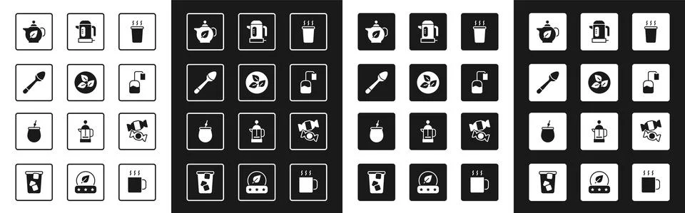 Set Cup of tea, Tea leaf, Teaspoon, Teapot with, bag, Electric kettle, Candy and Illustration