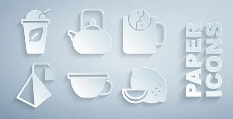 Set Cup of tea, Tea time, bag, Lemon, Kettle with handle and leaf icon. Vector Stock Illustration