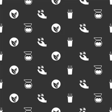 Set Cup of tea, Teapot, leaf and in hand on seamless pattern. Vector 스톡 일러스트