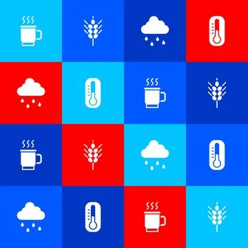 Set Cup of tea, Wheat, Cloud with rain and Thermometer icon. Vector Illustrazione stock