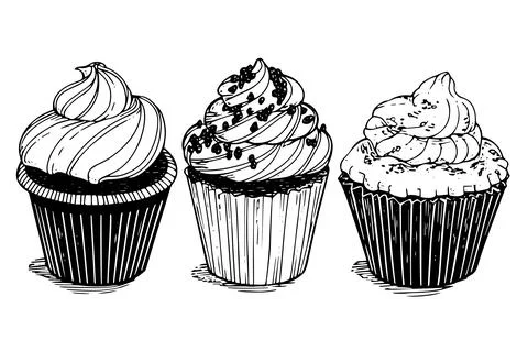 Set of cupcake hand drawn ink sketch. Engraved style retro vector illustration. Stock Illustration