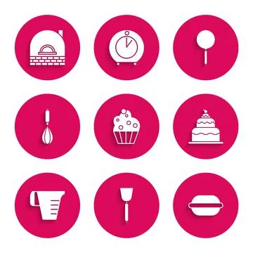 Set Cupcake, Spatula, Macaron cookie, Cake, Measuring cup, Kitchen whisk, Frying Illustration