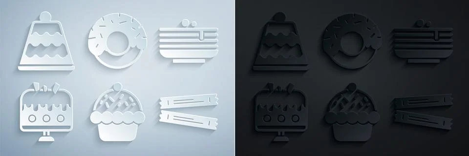 Set Cupcake, Stack of pancakes, Cake on plate, Sugar stick packets, Donut and Stockillustratie