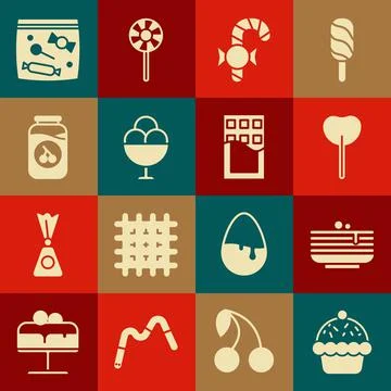 Set Cupcake, Stack of pancakes, Lollipop, Christmas candy cane, Ice cream in Stock Illustration