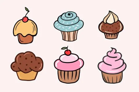 Set of cupcakes. Set of Vector color illustrations of cupcakes in cartoon sty Stock Illustration
