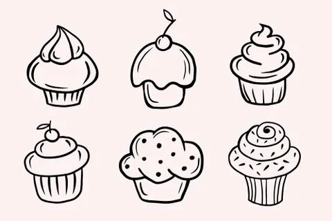 Set of cupcakes. Set of Vector linear illustrations in doodle style. Freehand Stock Illustration