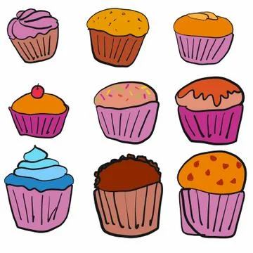 A set of cupcakes sign isolated on white background. Doodle drawing style for we Stock Illustration