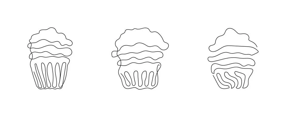 Set of cupcakes in style of continuous one line drawing. Simple line art of.. Stock Illustration