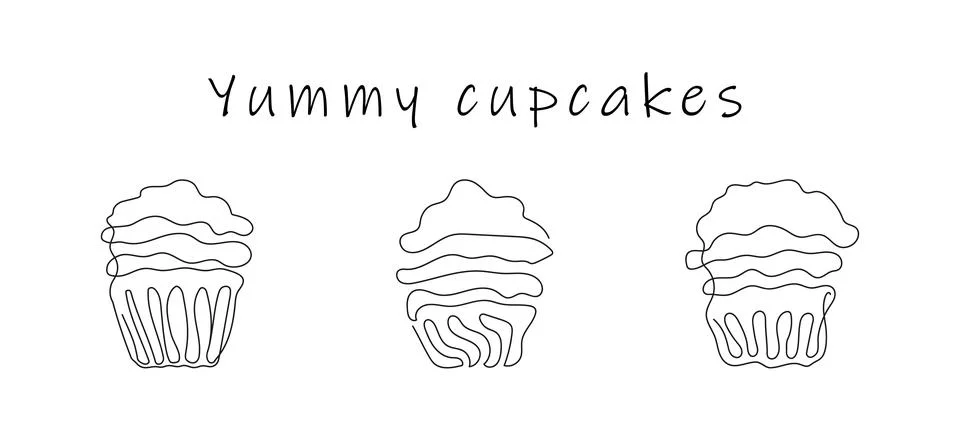 Set of cupcakes in style of continuous one line drawing with text Yummy Cupca Stock Illustration