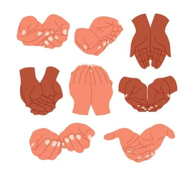 Set of Cupped hands collection with multiracial or multiethnic skin color, .. Stock Illustration