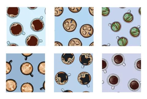 Set of cups of coffee and tea yummy drinks cute seamless patterns in pastel c Illustrazione stock