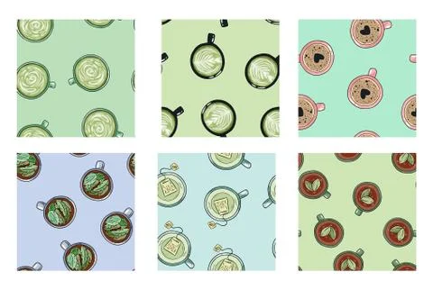 Set of cups of coffee and tea yummy drinks cute seamless patterns in pastel c Stock Illustration